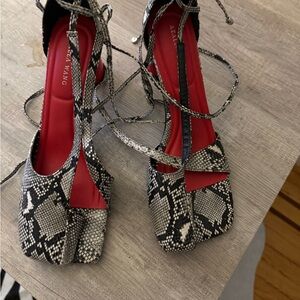 Azalea Wang Black & White Snake-Print Lace-Up Sandals with Red Insole